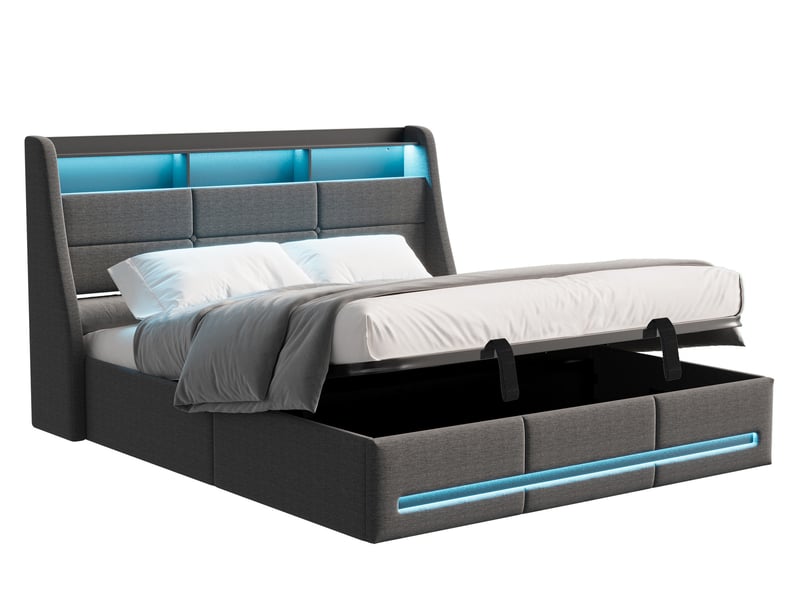 Lit coffre 160x200 cm avec led, lit 2 places avec sommier à lattes, lit double rembourré lit adulte avec tête de lit, port usb, tissu en lin, gris, sans matelas - Conforama A
