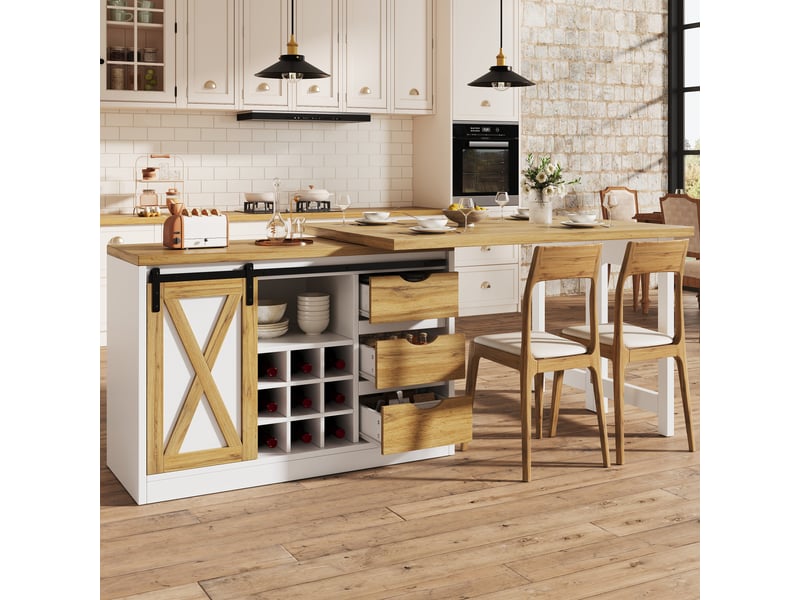  Buffet extensible 120x40x72 cm à 197 cm large, meuble cuisine blanc avec grand rangement, idéal pour petits espaces et familles  - Conforama R