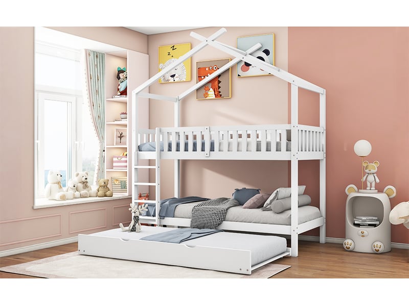  Lit cabane enfant 90x200 en bois massif avec lit gigogne 3 places - blanc  - Conforama W