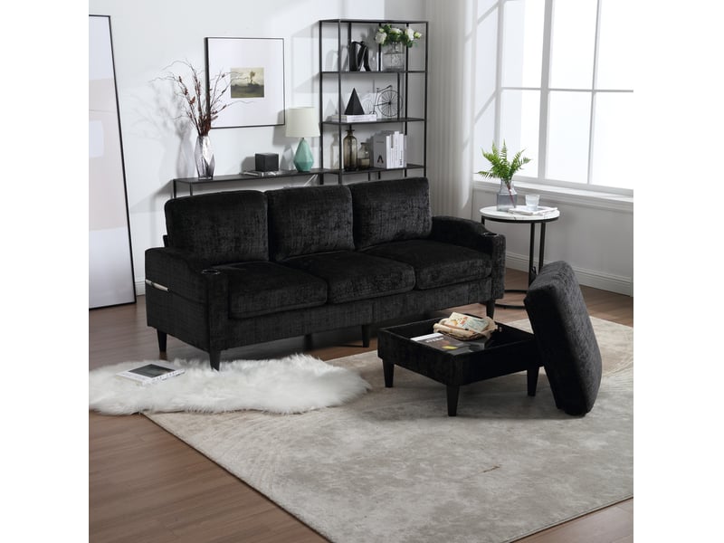  Canapé 4 places modenvie avec pouf de rangement en chenille noir 196,5 x 75 x 77 cm  - Conforama B