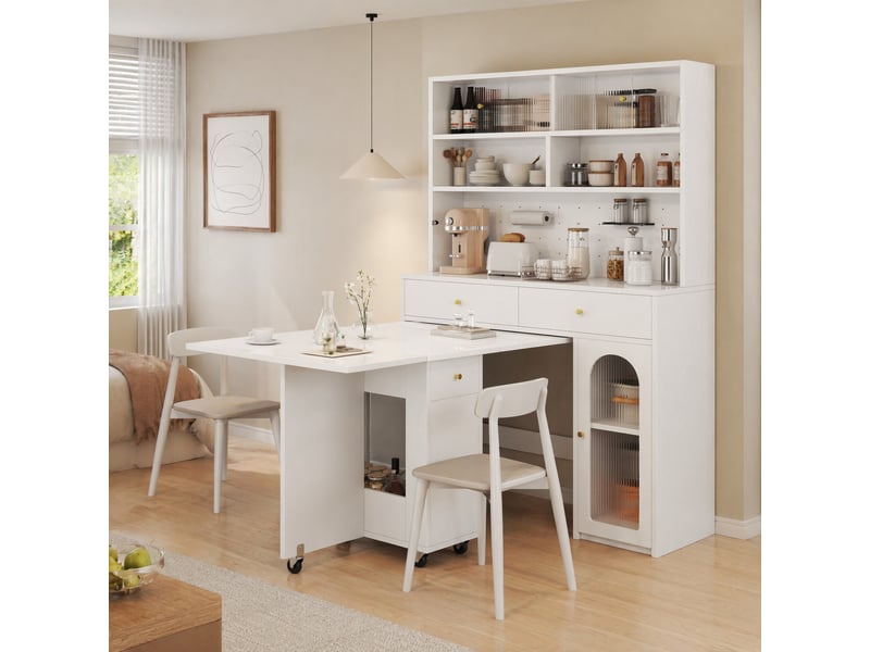  Ensemble de meubles de cuisine avec table à manger pliante sur roulettes, blanc, mdf  - Conforama C