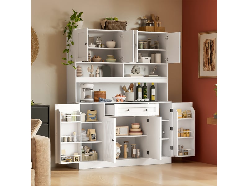  Grand buffet de cuisine - 140 x 40 x 185 cm - blanc cassé - vaisselier style campagne avec prises et tiroir  - Conforama D