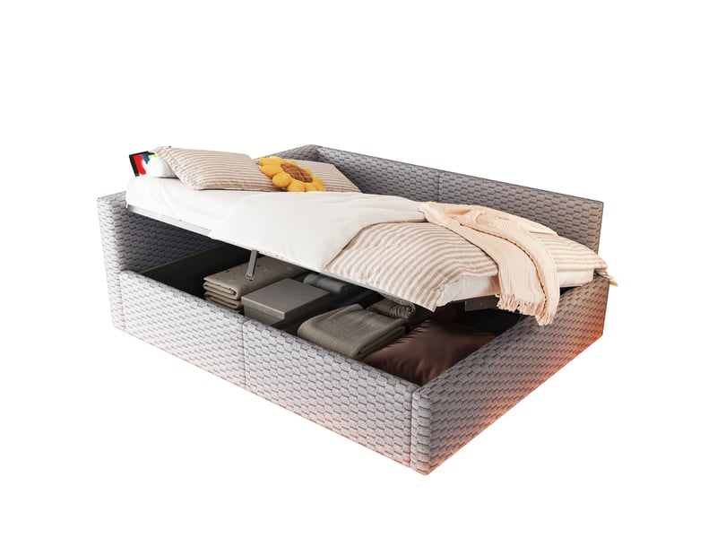 Lit double 140x200 cm avec coffre hydraulique, led, usb, type-c et velours gris - Conforama A