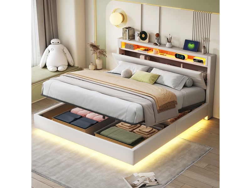  Lit adulte 160x200cm,lit coffre en lin avec lumière led,prise usb,tête de lit réversible et pieds cachés,beige lit adulte beige - Conforama B