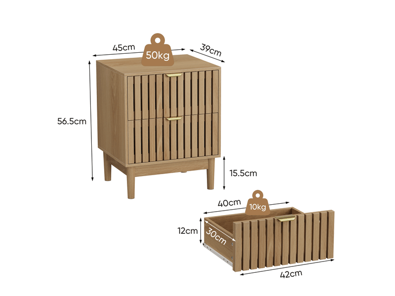  Table de chevet 45x39x56,5 cm avec 2 tiroirs en mdf chêne clair, design à lattes, meuble de rangement pour chambre, salon  - Conforama C