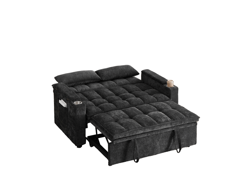  Canapé convertible 3 en 1 142x89x89 cm noir en chenille, rangement et deux porte-gobelets intégrés  - Conforama D