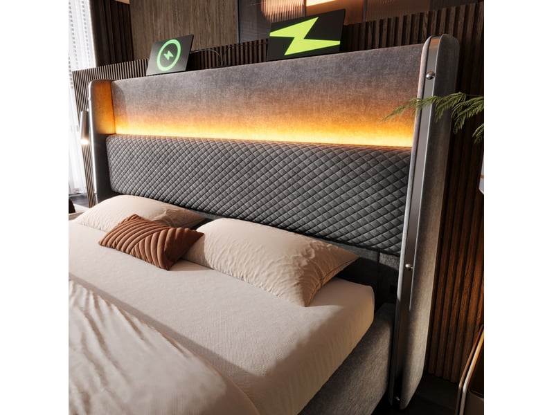  Lit coffre hydraulique 180x200 cm aspect lin avec led, rangement et ports usbtype-c gris chicfurn  - Conforama E