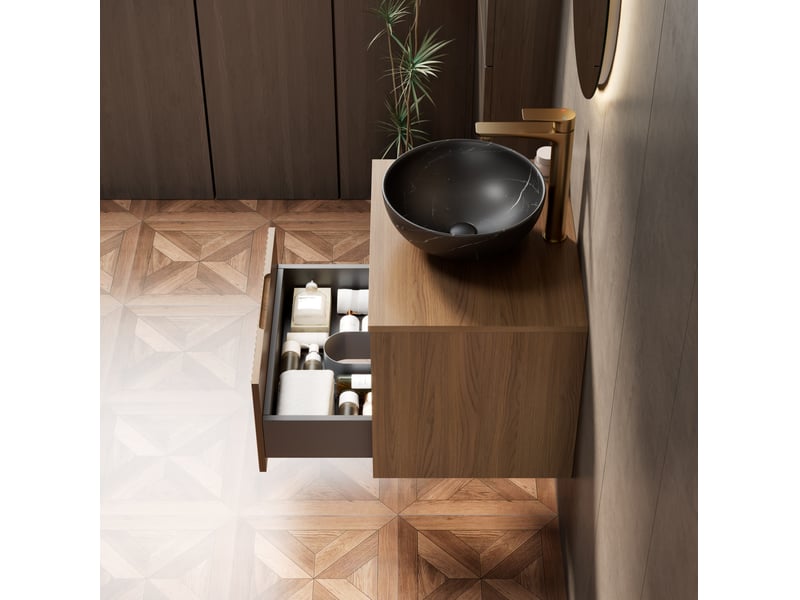Meuble sous vasque suspendu avec 1 tiroir, niche, led et vasque en céramique noire, chêne brun 60 × 46 × 60,8 cm - Conforama E