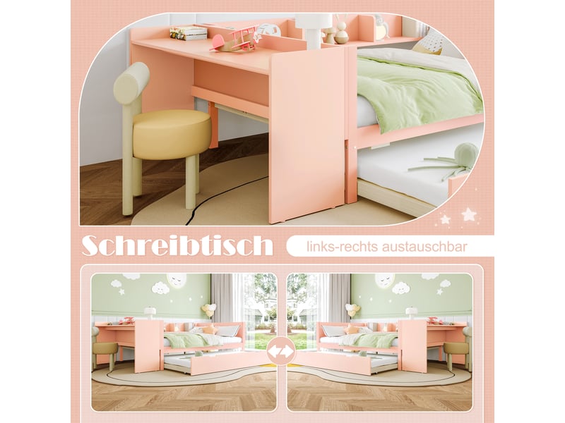  Lit double rose 140x200 cm en pin et aggloméré, bureau, lit gigogne 90x190 cm et étagères intégrées, sans matelas  - Conforama E