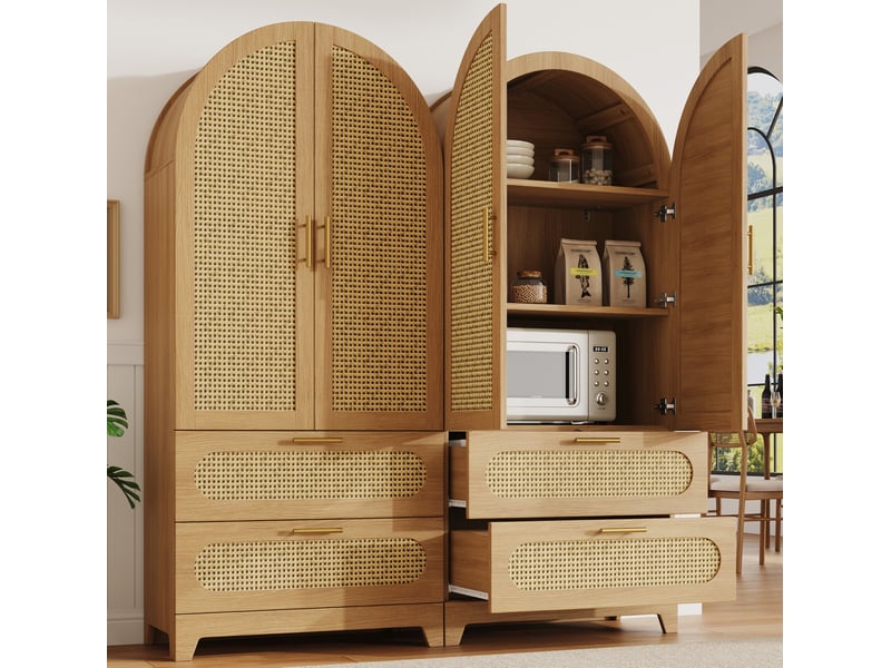  Buffet et enfilade avec 4 portes et 4 tiroirs, façades effet rotin, pour salle à manger, en mdf et métal, naturel  - Conforama E