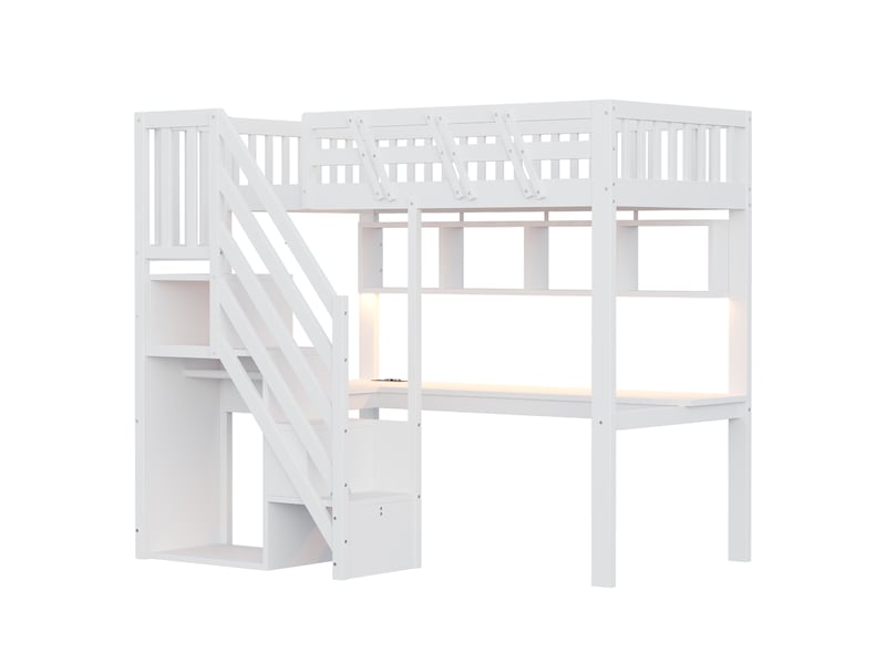  Lit en bois massif 90 x 200 cm, escalier avec rangement intégré, bureau, prise usb et lampe led. Lit enfant, lit adolescent, lit simple, cadre en bois massif, version haute, blanc.  - Conforama D