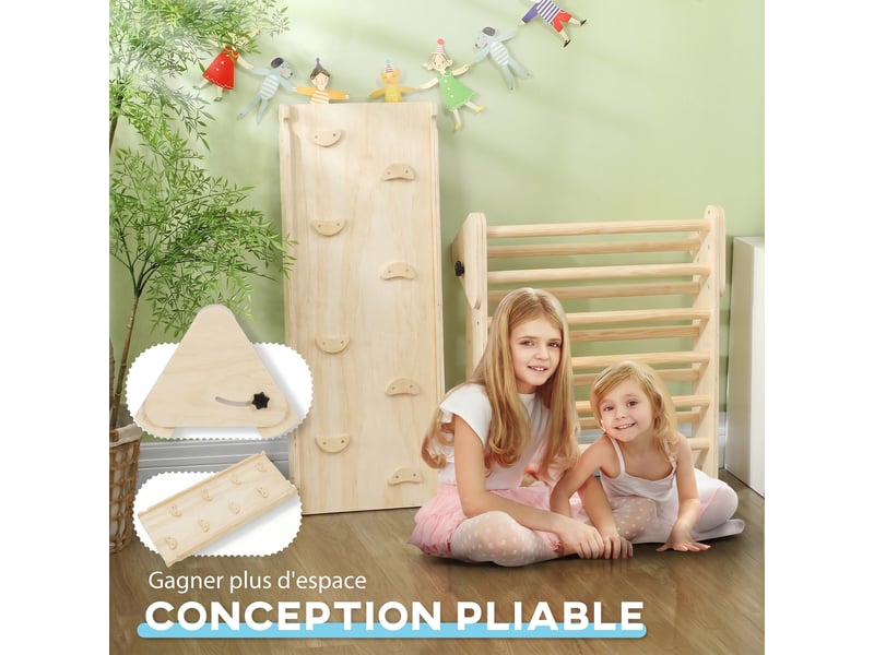  Triangle d'escalade, 3 en 1 en bois pour grimper et glisser, charge max. 50 kg, pour 18-48 mois, bois naturel  - Conforama W