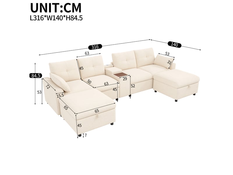  Canapé d’angle modulaire modenvie 6 places en u ou en l avec 2 poufs de rangement, console centrale, usb et type c, chenille beige, 316 x 140 x 84,5 cm  - Conforama C