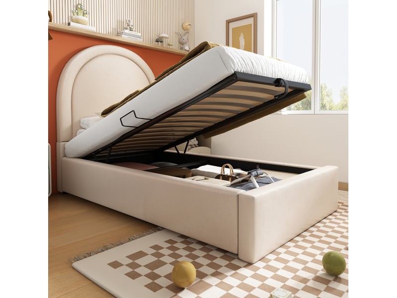  Lit coffre enfant 90x190 cm, rangement et tête demi-arche beige, structure métal + bois + pu, sans matelas  - Conforama D