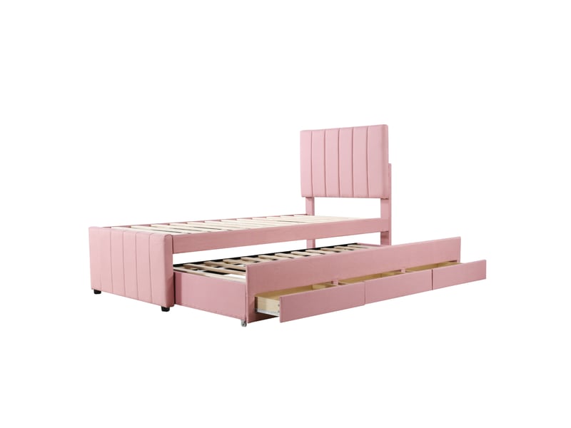  Lit rembourré 90 x 200 cm avec couchage gigogne - rose, 3 tiroirs et tête de lit réglable  - Conforama A