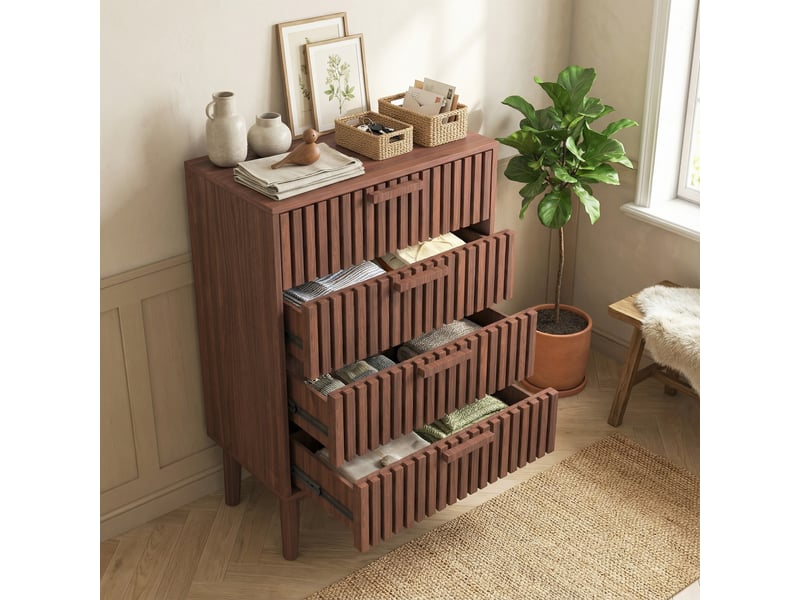  Commode de rangement, 60x34x91cm, avec 4 tiroirs, en bois, design à lattes, noyer  - Conforama D