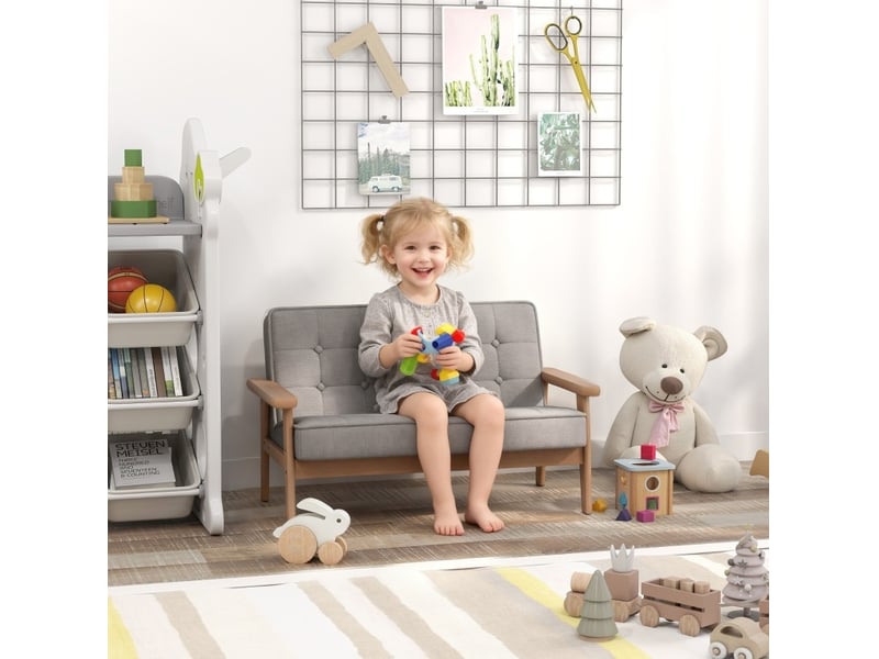  Canapé enfant 2 places 77x42x48 cm gris, tissu aspect velours, cadre en bois, rembourré 3 à 15 ans  - Conforama D
