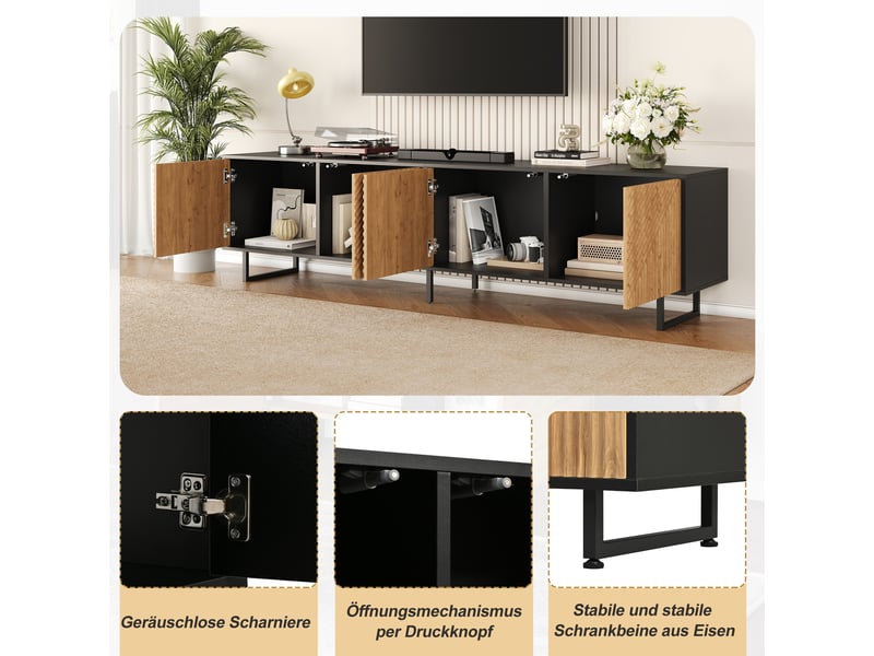 Meuble tv 180x40x50 cm 4 portes, façades rainurées, pieds métal, pour tv jusqu’à 80 pouces, noir et bois naturel Bubbly - Conforama E