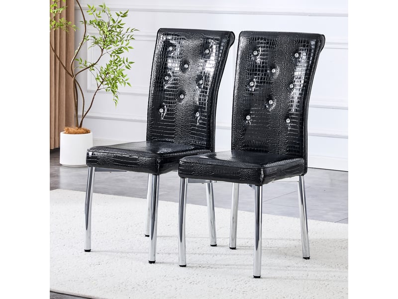  Lot de 2 chaises de salle à manger rétro peau d'alligator, capitonnées avec boutons cristal, pieds en métal galvanisé  - Conforama B