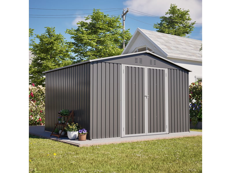 Abri de jardin en métal 300 x 252 x 191 cm, grand rangement extérieur 6,91 m² avec double porte verrouillable, ventilation intégrée, gris Luxe haut de gamme - Conforama E