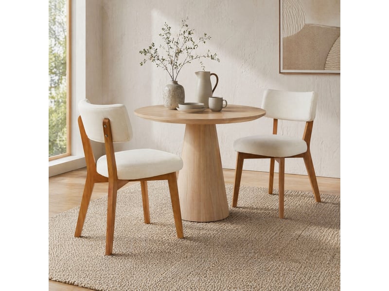  Lot de 2 chaises de salle à manger style mid-century moderne beige en tissu avec pieds en bois  - Conforama C