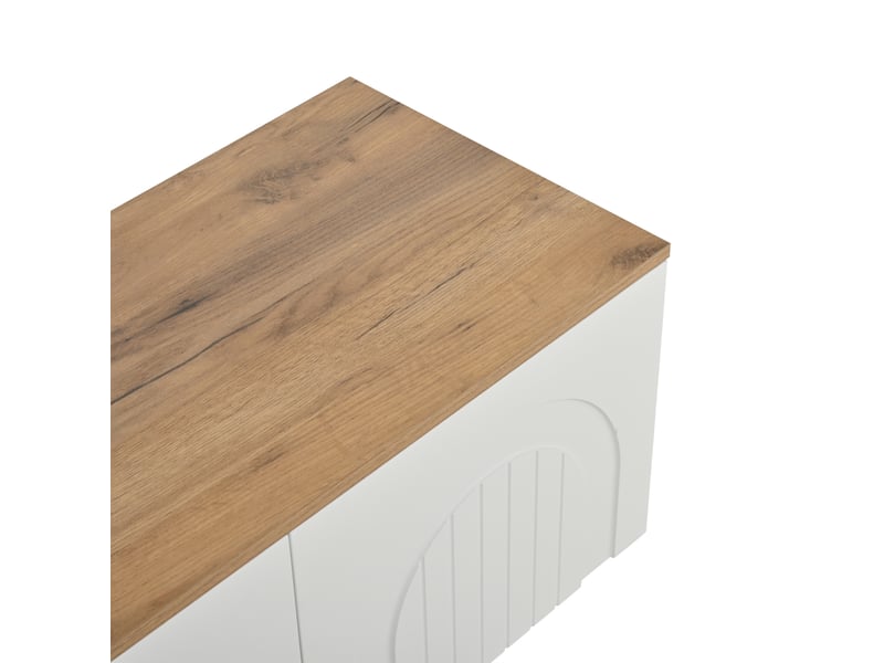  Meuble TV blanc avec fonction de rangement, 4 portes, 6 pieds métalliques ronds, dimensions 180 × 40 × 45 cm  - Conforama C