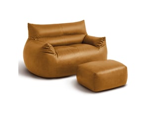 Fauteuil pouf marron avec repose-pieds, tissu technique aspect simili cuir, mousse à mémoire de forme