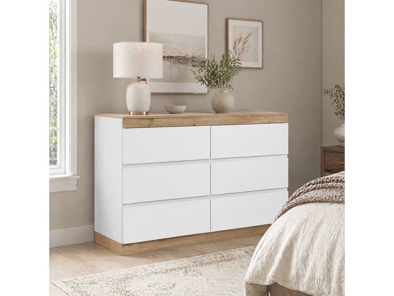 Commode avec 6 tiroirs de rangement, style classique, pour chambre et salon, en panneau de particules blanc et chêne - Conforama D