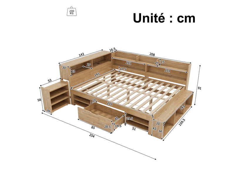  Lit enfant 1 place 140x200 cm en contreplaqué avec tiroir, placards et étagères, sans matelas, naturel  - Conforama D