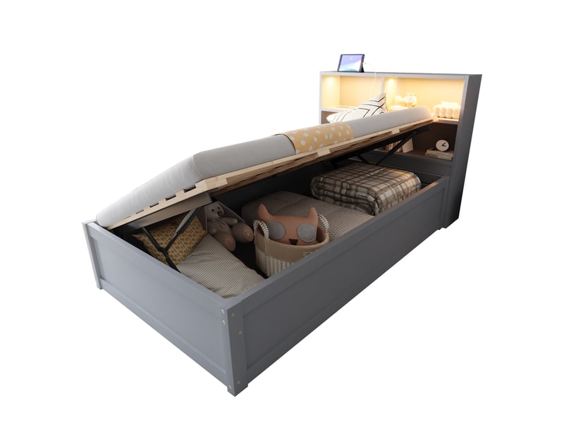  Lit multifonction 90x200 cm, bois, prises, rangements et bande éclairage led, gris, sans matelas  - Conforama A