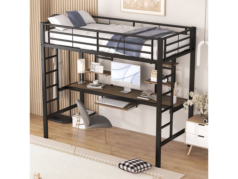  Lit mezzanine 90x200cm, noir, structure métal, bureau, deux étagères, sécurité enfant solide, pour chambre  - Conforama C