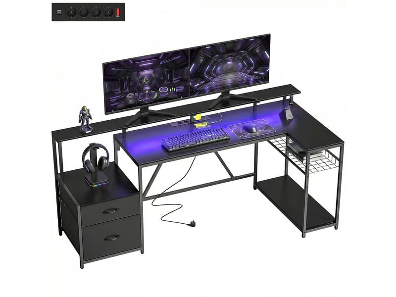  Bureau d'angle gaming avec station de charge, éclairage led et support pour écran, en bois et acier, 192,5 x 80 x 86,5 cm, noir  - Conforama A