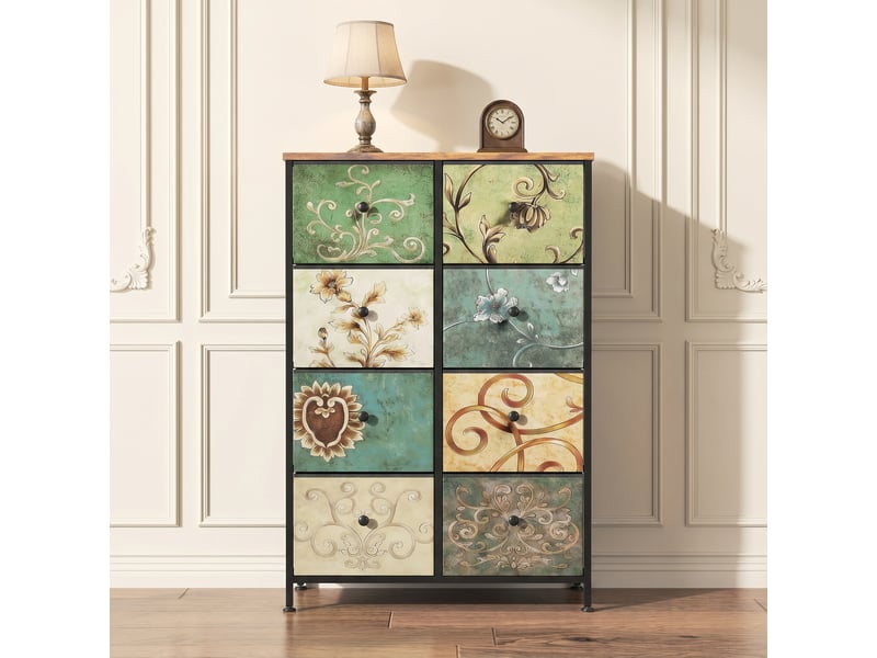  Commode 8 tiroirs, commode de rangement, tissu floral,structure en métal,pour salon, chambre, style bohème,67,5 x 30 x 100 cm  - Conforama D