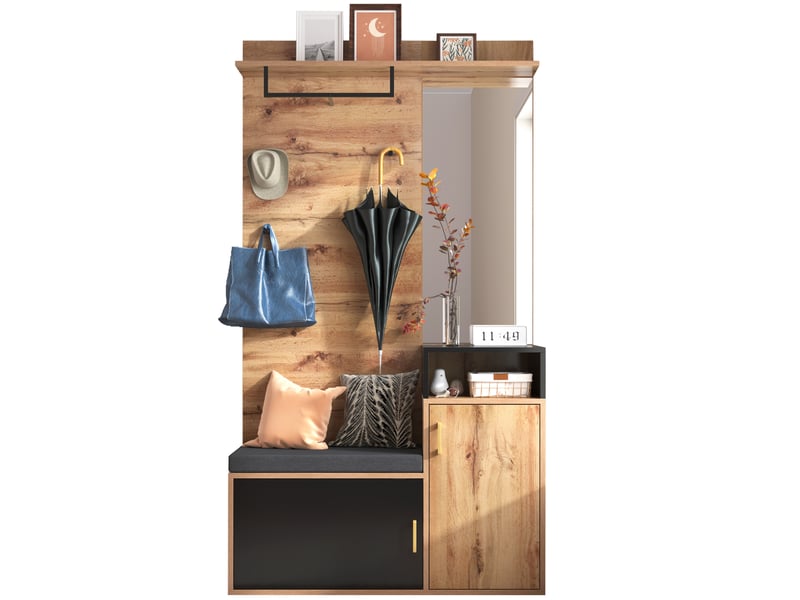  Meuble d'entrée avec miroir, banc à chaussures, 4 crochets, tringle, rangements en mdf noir et bois 105 × 40 × 191,5 cm  - Conforama A