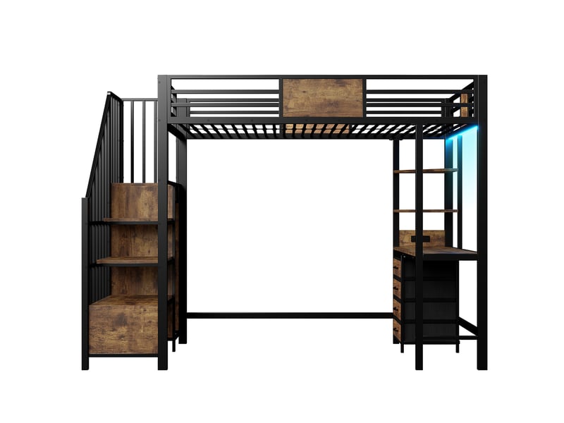  Lit mezzanine multifonction en métal 90x200 cm, bureau, rangements, penderie, led et prise  - Conforama A
