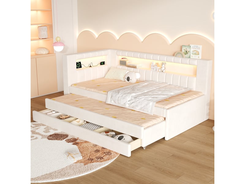  Lit banquette rembourré 90 x 200 cm, lit gigogne, 3 tiroirs, led, ports usb, revêtement lin, blanc evarich - Conforama E