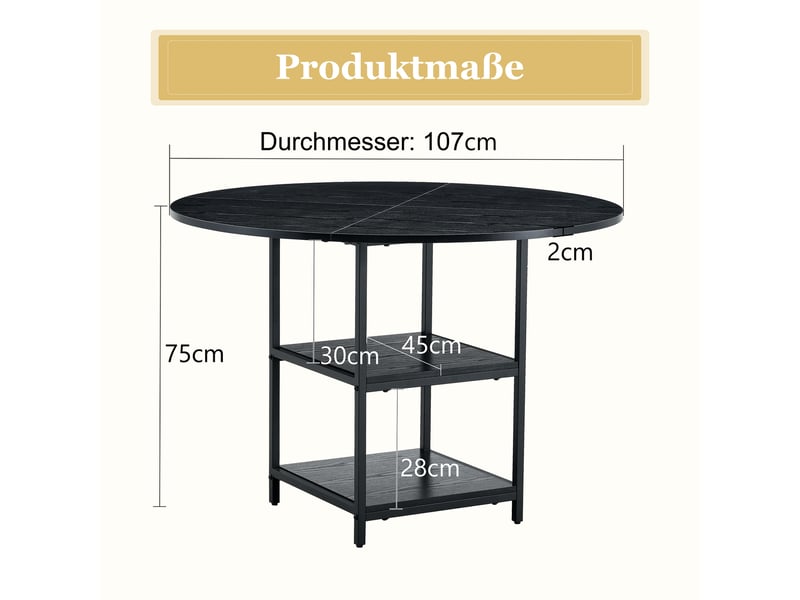  Table à manger ronde,107x107x75 cm,avec 2 rangements,mdf,noir effet bois  - Conforama C