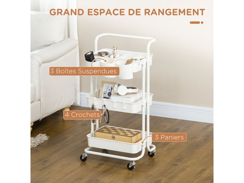  Chariot à 3 niveaux desserte avec 4 crochets et 3 boîtes suspendues amovibles pour blanc 42 x 38 x 86,5 cm  - Conforama A