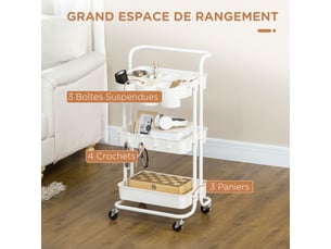 Chariot à 3 niveaux desserte avec 4 crochets et 3 boîtes suspendues amovibles pour blanc 42 x 38 x 86,5 cm