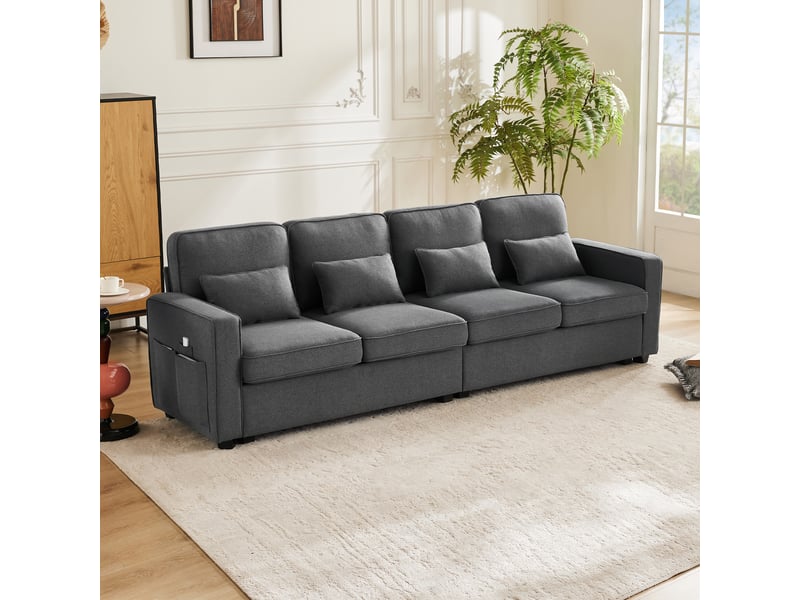  Canapé droit 4 places gris foncé en tissu aspect lin, poches latérales et 4 coussins Fay Lum - Conforama B