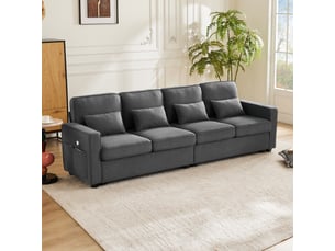 Canapé droit 4 places gris foncé en tissu aspect lin, poches latérales et 4 coussins