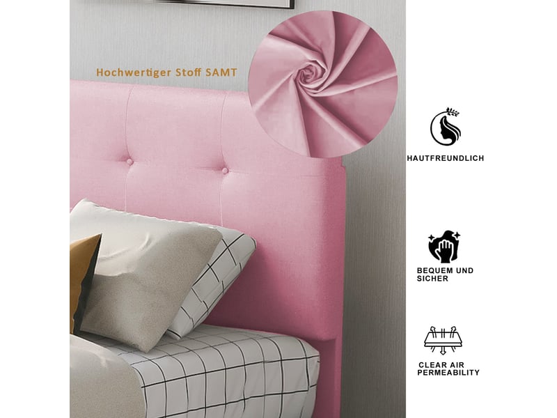 Lit enfant 90x200 cm avec 2 tiroirs, tête de lit réglable et sommier, velours, rose, sans matelas - Conforama R