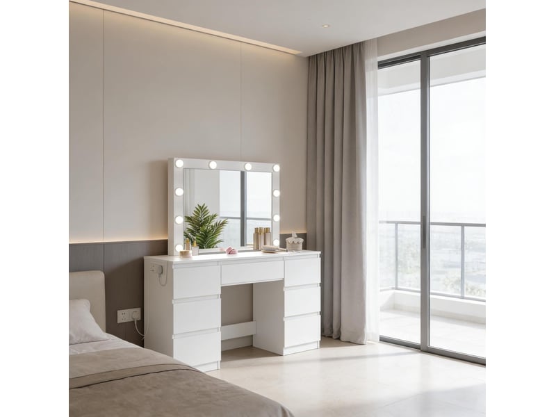  Coiffeuse avec miroir led 110x39,5x140,5 cm blanche, bois d'ingénierie et verre, 7 tiroirs et prises  - Conforama D