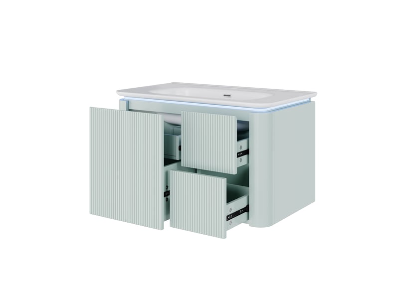 Meuble vasque mural salle de bain vert 80,5 cm avec lavabo intégré, led radar et 4 tiroirs silencieux - Conforama D