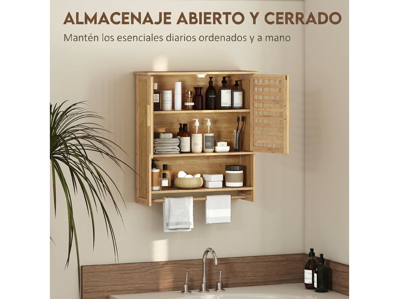  Armoire murale de salle de bain en bambou, 2 portes ajourées, étagère réglable, 62 x 20 x 66 cm  - Conforama R