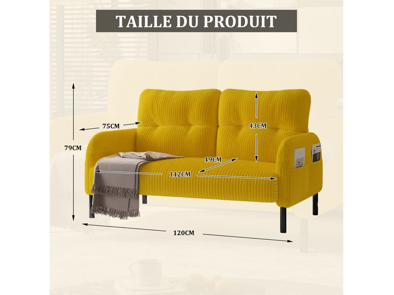  Canapé 2 places avec poche latérale pratique, dossier et accoudoirs incurvés, pieds en métal, velours côtelé, jaune  - Conforama C