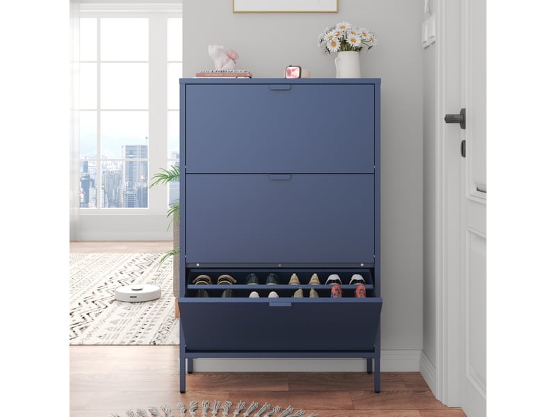 Meuble à chaussures 3 portes en métal bleu gris marion  - Conforama E