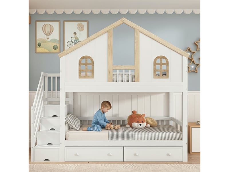 Lit cabane enfant 90x200 cm en bois avec lit superposé, fenêtres décoratives, escalier avec rangement, 2 tiroirs et barrières de sécurité - blanc et naturel - Conforama B