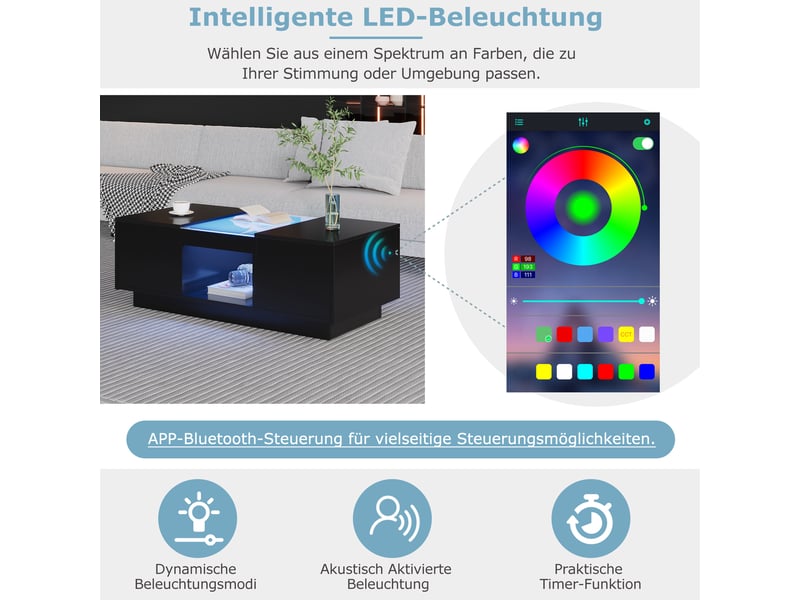  Table basse led noire 100x50x40 cm, verre décoratif, 2 tiroirs + niche, contrôle par appli  - Conforama E
