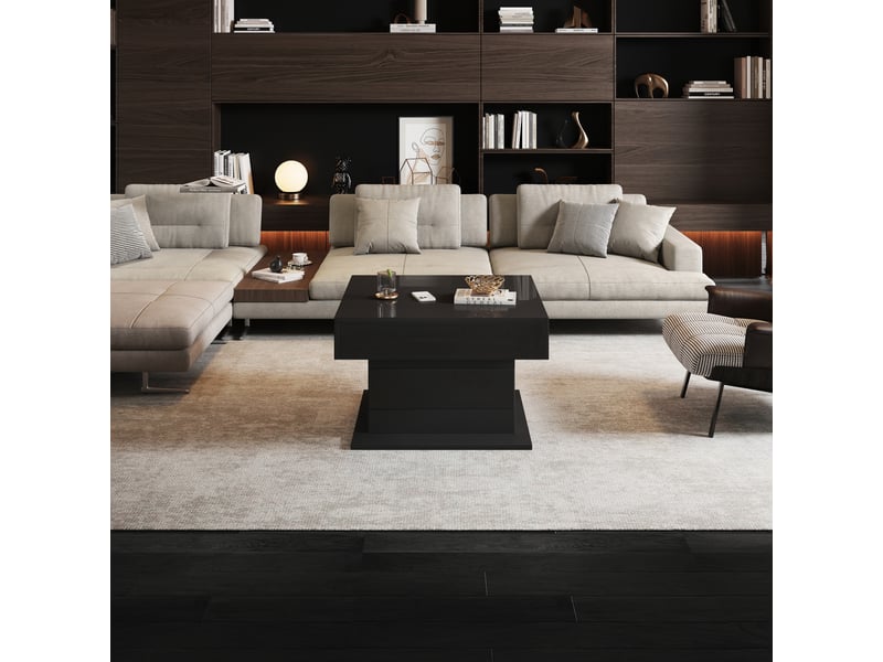  Table basse relevable noire, plateau pivotant à 360°, 1 tiroir, 70 x 70 x 45 cm  - Conforama E